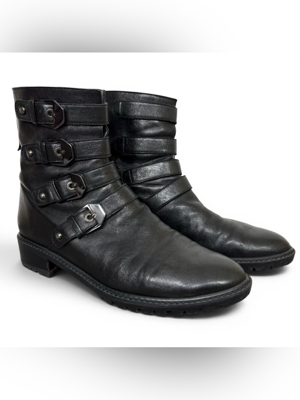 Stuart Weitzman Jitterbug Black Leather Buckle Ankle Boots- woman’s 9